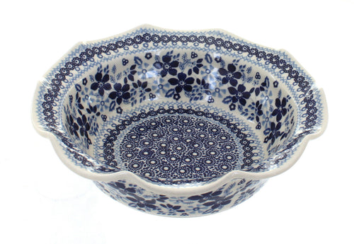 Polish Pottery Vintage Blue Daisy Medium Scallop Serving Dish