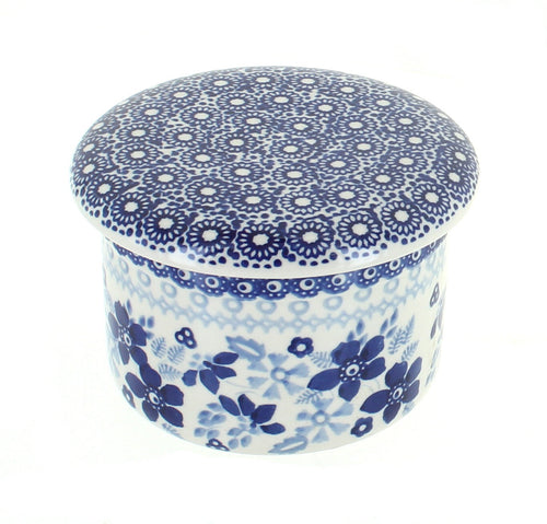 Polish Pottery Vintage Blue Daisy French Butter Dish