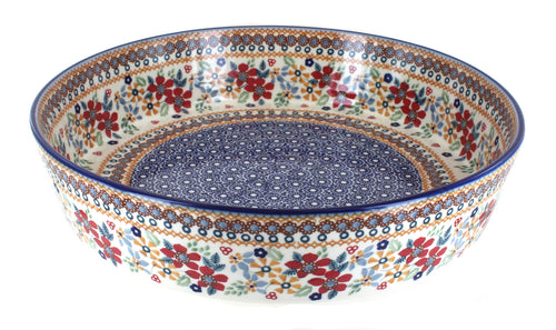 Polish Pottery Red Daisy Large Round Baker