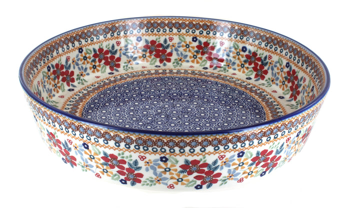 Polish Pottery Red Daisy Large Round Baker