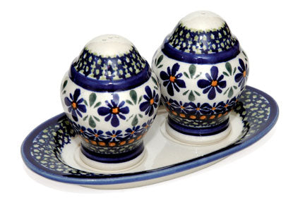 Mosaic Flower Salt & Pepper Shaker with Dish Polish Pottery