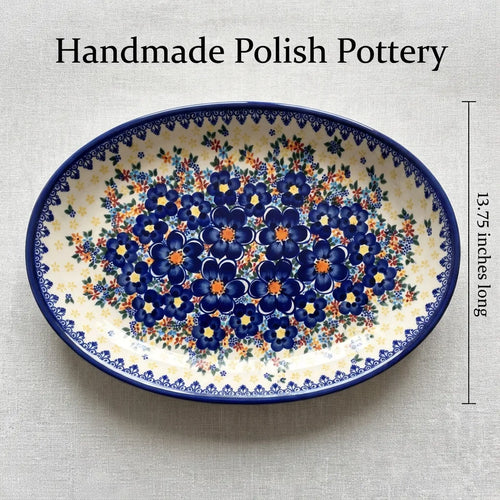 Blue Dahlia Oval Platter Polish Pottery
