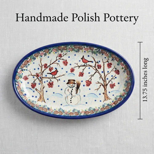 Little Snowman Oval Platter Polish Pottery