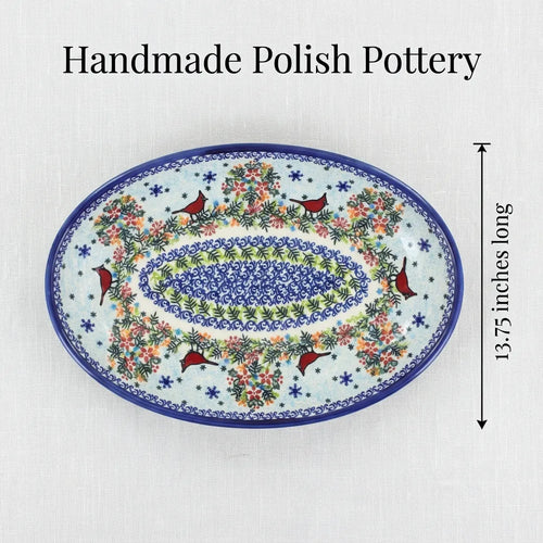 Winter Cardinal Oval Platter Polish Pottery