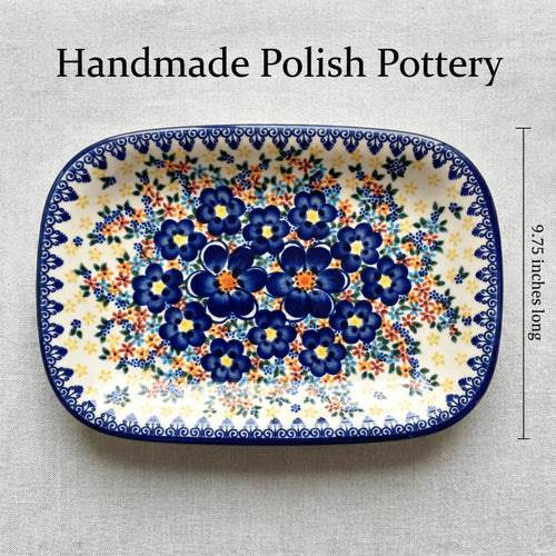 Blue Dahlia Small Rectangular Serving Platter Polish Pottery