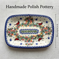 Winter Cardinal Small Rectangular Serving Platter Polish Pottery