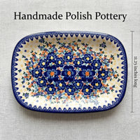 Blue Dahlia Medium Rectangular Serving Platter Polish Pottery