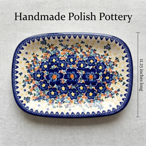 Blue Dahlia Medium Rectangular Serving Platter Polish Pottery