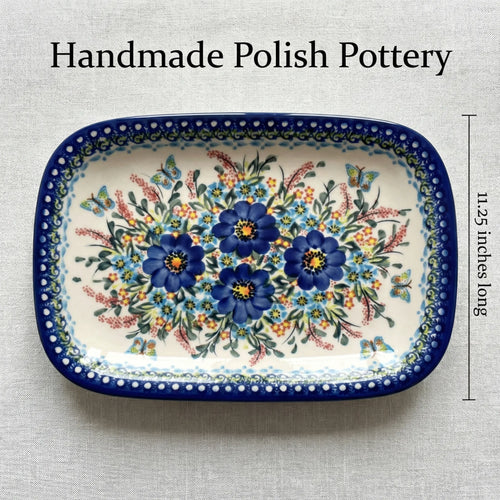 Garden of Blue Medium Rectangular Serving Platter Polish Pottery