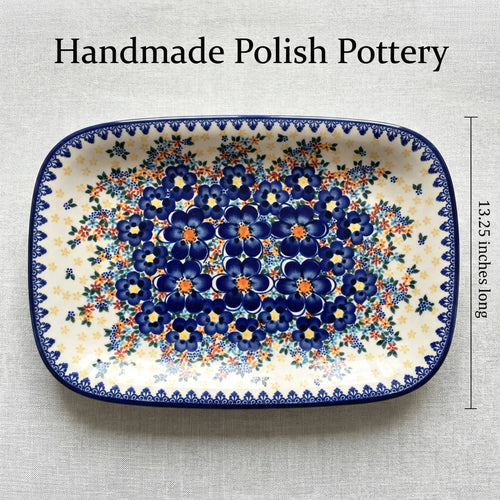 Blue Dahlia Large Rectangular Serving Platter Polish Pottery