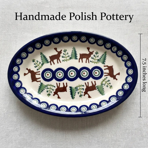 Polish Pottery Dimensions Reindeer Pine Salt & Pepper Shakers With Plate