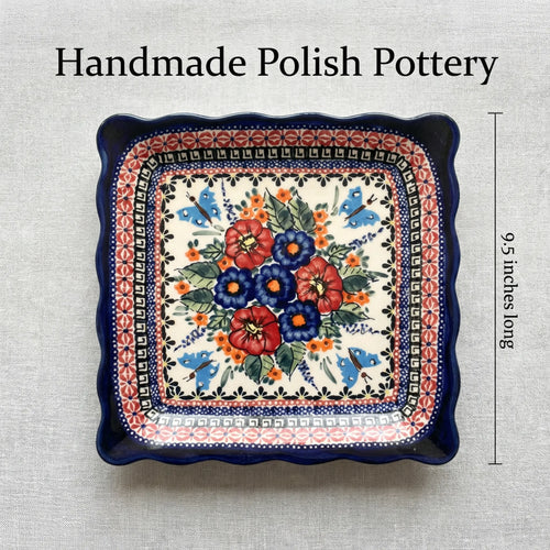 Polish Pottery Dimensions Floral Butterfly Square Lunch Plate