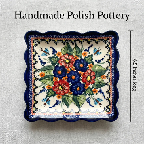 Polish Pottery Dimensions Floral Butterfly Square Small Dessert Plate