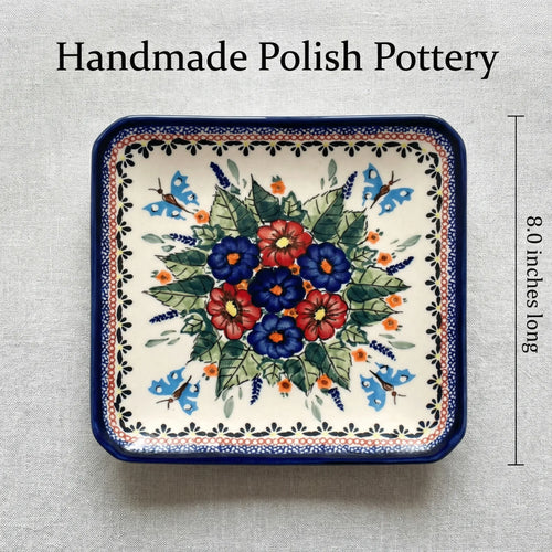 Floral Butterfly Square Dessert Plate Polish Pottery