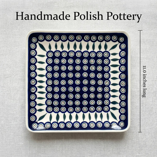 Peacock Square Dinner Plate Polish Pottery