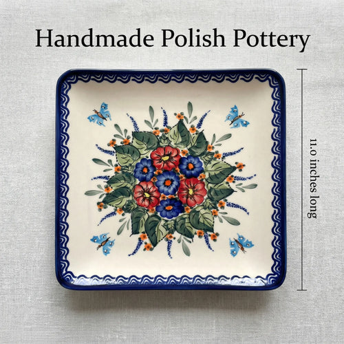 Floral Butterfly Square Dinner Plate Polish Pottery