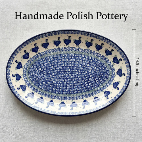 Barnyard Rooster Oval Platter Polish Pottery