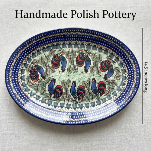 Rooster Row Oval Platter Polish Pottery
