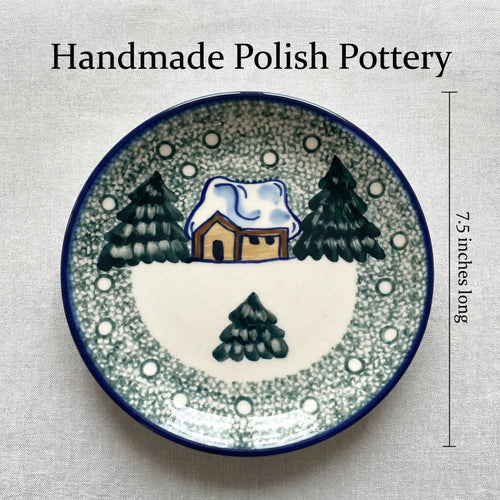 Polish Pottery Dimensions Winter Forest Dessert Plate - Green