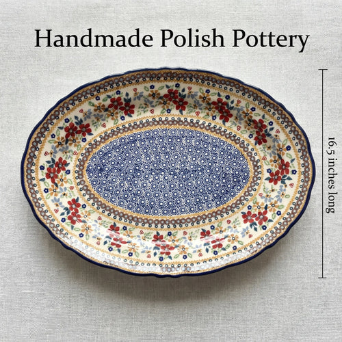 Red Daisy Large Oval Serving Platter Polish Pottery