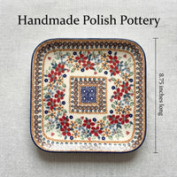 Red Daisy Square Lunch Plate Polish Pottery