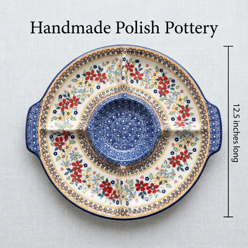 Red Daisy Chip & Dip Plate Polish Pottery