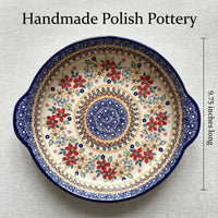 Red Daisy Pie Plate with Handles Polish Pottery