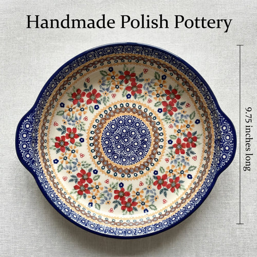Red Daisy Pie Plate with Handles Polish Pottery