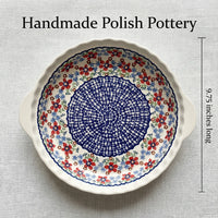 Red Poppy Pie Plate With Handles Polish Pottery