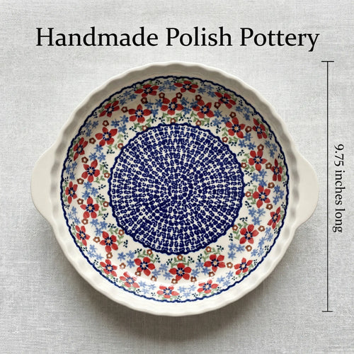 Red Poppy Pie Plate With Handles Polish Pottery