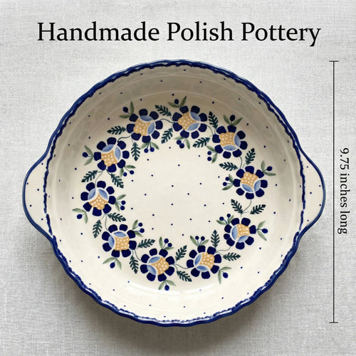 Sunflower Pie Plate with Handles Polish Pottery