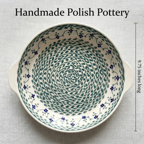 Sage Floral Pie Plate with Handles Polish Pottery
