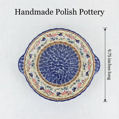 Blue Butterfly Pie Plate with Handles Polish Pottery
