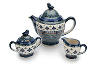 Mosaic Flower 3 PC Coffee Pot Set with Bird Topper Polish Pottery