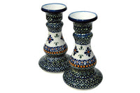 Mosaic Flower Candlestick Pair Polish Pottery