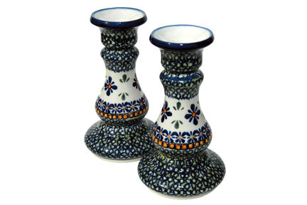 Mosaic Flower Candlestick Pair Polish Pottery