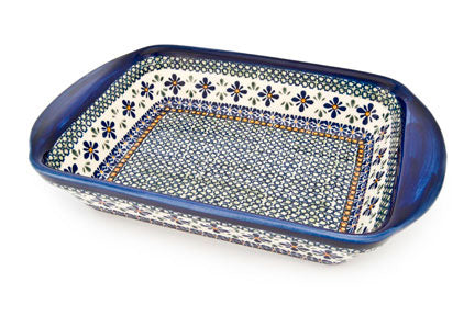 Mosaic Flower Large Rectangular Baker with Handles Polish Pottery