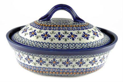 Mosaic Flower Small Oval Baker with Lid Polish Pottery