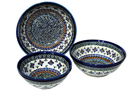 Mosaic Flower 3 Piece Serving Bowl Set Polish Pottery