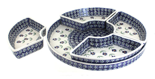 Blue Daisy Tray with 4 Plates Polish Pottery