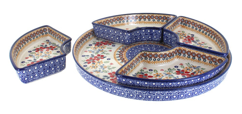 Red Daisy Tray with 4 Plates Polish Pottery