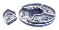 Vintage Blue Daisy Tray with 4 Plates Polish Pottery
