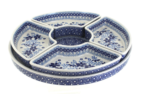 Polish Pottery Vintage Blue Daisy Tray with 4 Plates