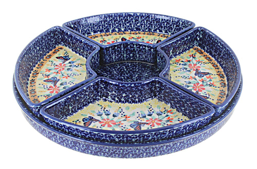 Polish Pottery Blue Butterfly Tray with 4 Plates