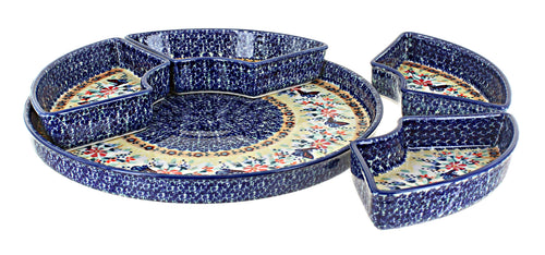 Blue Butterfly Tray with 4 Plates Polish Pottery