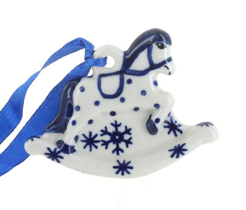 Polish Pottery Snow Flurry Rocking Horse Ornament
