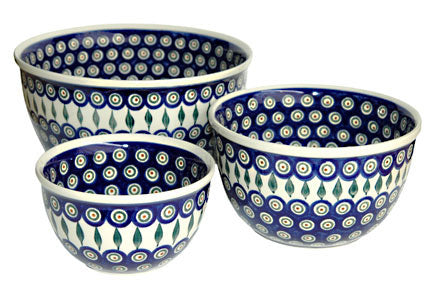Peacock Mixing Bowl Set Polish Pottery