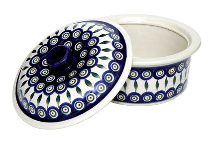 Peacock Round Baker with Lid Polish Pottery
