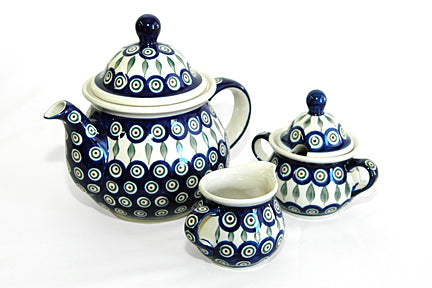 Peacock Three Piece Tea Set Polish Pottery