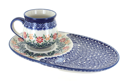 Polish Pottery Garden Bouquet Breakfast Plate & Bubble Mug Set